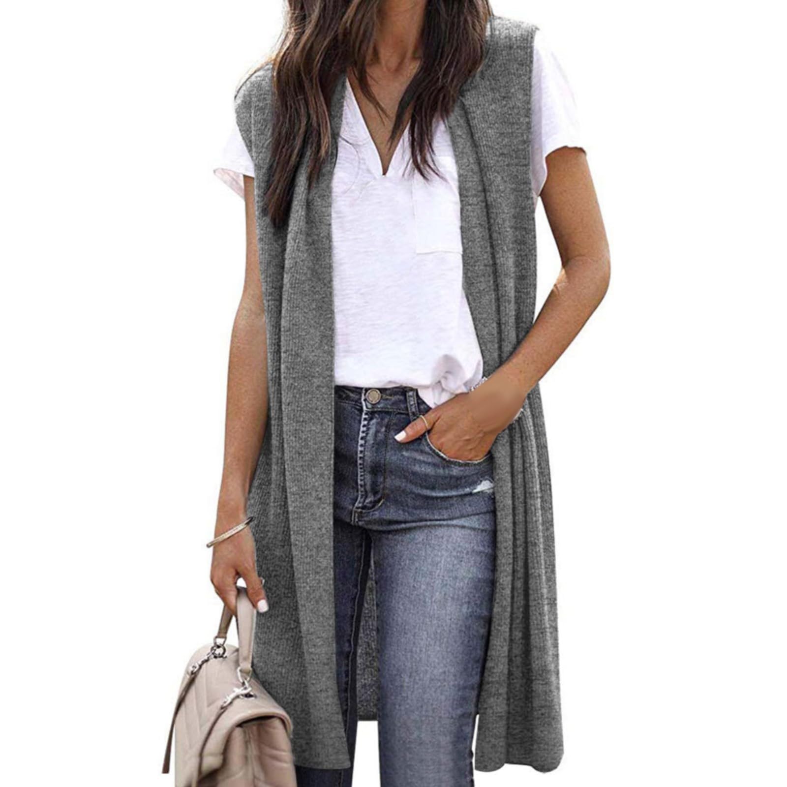 Generisch Chaqueta de punto para mujer, chaleco de punto largo, chaleco ligero sin mangas, elegante, fino, frente abierto, chalecos sin mangas, abrigo de punto, cárdigan largo, cárdigan de punto