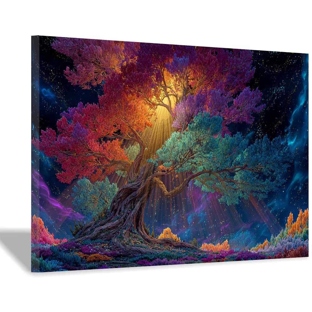 DMZPKZB Tree Of Life Large Wall Art Pink Meadow Tree Colorful Canvas Art Prints,Abstract Painting,Scenery Wall Decor,For Gallery,Bedroom,Living Room And Hotel(Multicolor)-50x70cm Framed