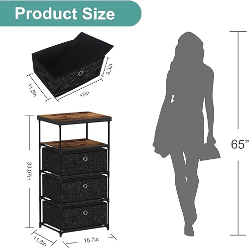 Miniatura 3 de VASICAR Mesita de noche de 3 cajones con estantes, cómoda de tela pequeña, mesa de lado, organizador de armario, unidad de torre de almacenamiento