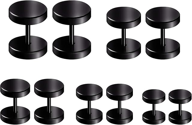 LAURITAMI 5 Pairs 16G Earrings Studs Set Surgical Steel Fake Ears Plugs Screw Stud Earrings Helix Tragus Piercing Black Silver 4-12mm