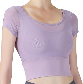 Harssidanzar Women 2-in-1 Mesh Yoga Workout Top Built-in Sports Bra CL303US