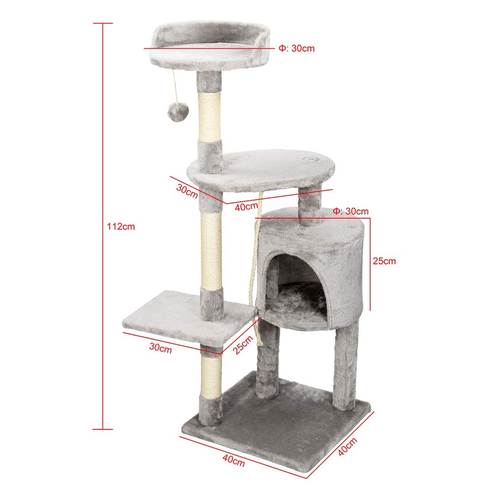 Tiragraffi per Gatti Albero per gatti alto 112 cm con corda in sisal, piattaforma, Grotta e Pompon in peluche per far riposare e giocare i gatti, grigio Inventario in Germania