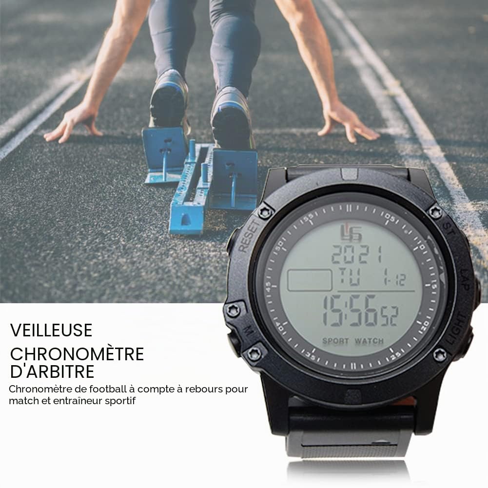 Montre d'arbitre de football avec minuteur, minuteur, veilleuse et compte à rebours de football, chronomètre, jeu de match pour instructeur de sport, grand cadran lumineux, montre de sport (noir)