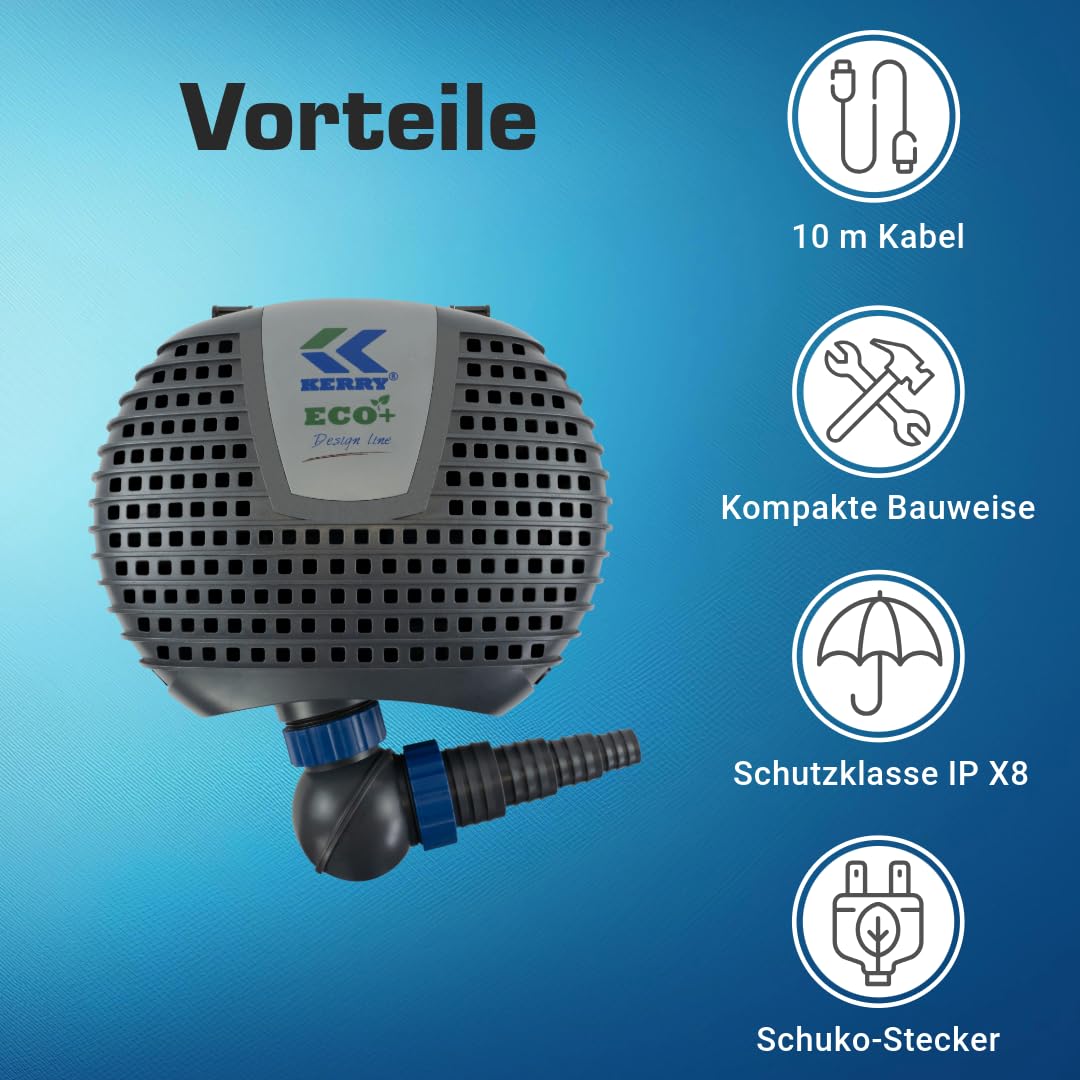 ECO Teichpumpe KEE12000-12000 L/H, nur 85 Watt energiesparend, Vorfilterkammer, 5,5m Förderhöhe, 10m Kabel, Wasserpumpe für Brunnen, Teich und Bach, Brunnenpumpe | Gartenteichpumpe