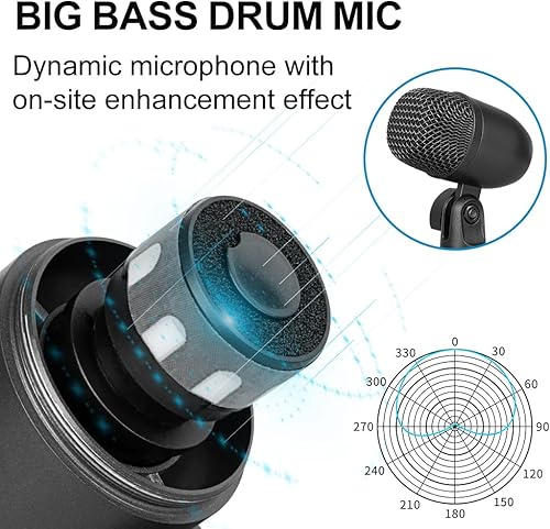 Miniatura 3 de Depusheng Juego de micrófonos de batería de 7 piezas con 5 micrófonos de percusión dinámicos y 2 micrófonos de percusión de condensador ideal para