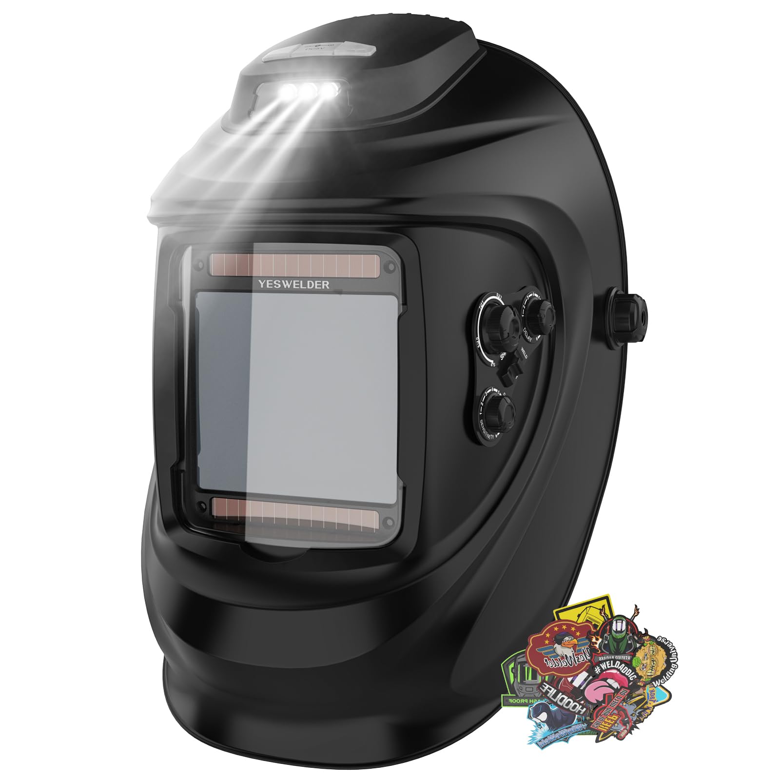 Auto Darkening Welding Helmet with Rechargeable Fan and Light, 3.93"X3.66"Large View 1/1/1/1 True Color 4 Arc Sensor Solar Powered Welding Hood, 3/5-9/9-13 Wide Shade Weld Mask LYG-30800H-W