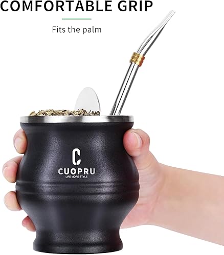 Miniatura 6 de Yerba Mate Termo y juego de tazas, incluye botella aislada al vacío con separador de té, popote Bombilla y cepillo de limpieza, color negro
