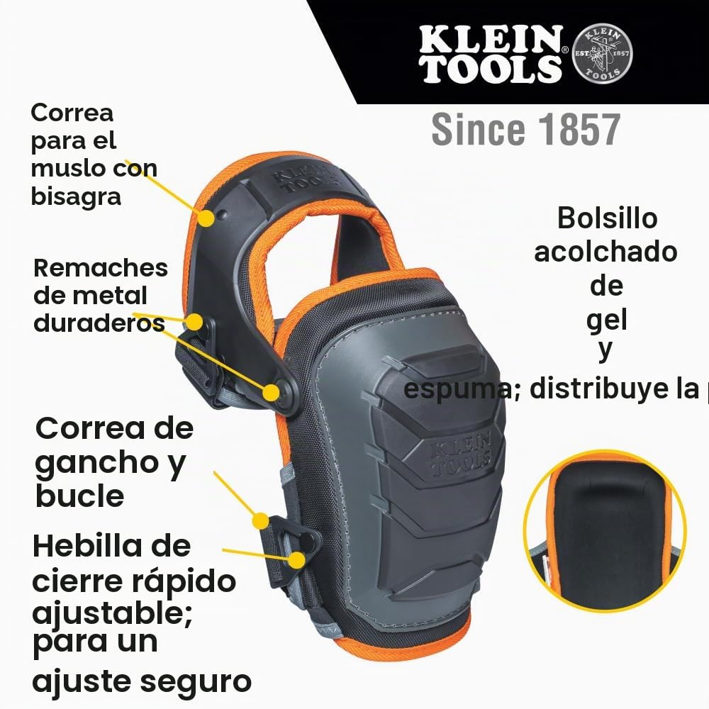 Klein Tools 60491 Hinged Knee Pads, Heavy Duty Gel Foam Protective Knee Pads with Quick-Fasten Buckle and Thigh Strap, Black