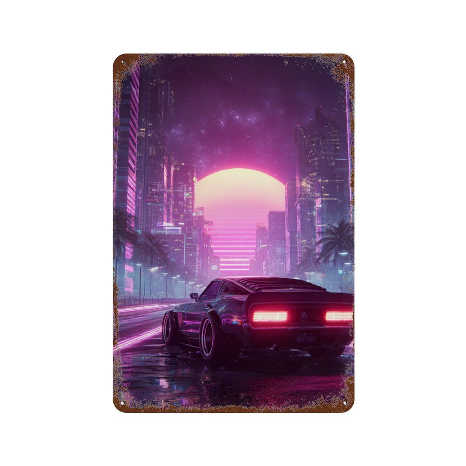 Neon Cityscape with Retro Car -1 Vintage Wall Sign 11.8"x7.9", Rust Effect Metal Decor for Shed, Workshop And Garage Wall Decor