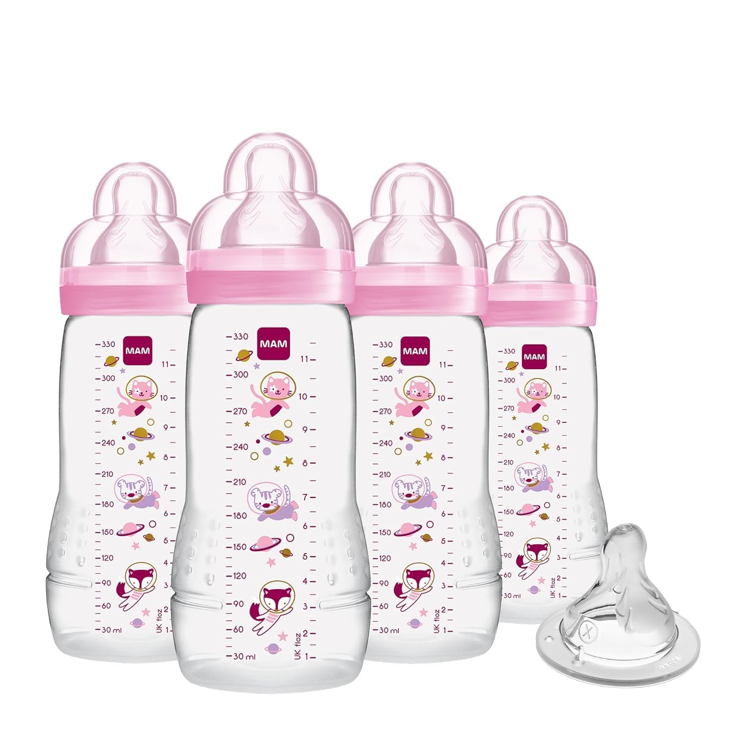 MAM Easy Active Baby Bottle 11 oz with Bonus, Fast Flow Skinsoft Silicone with Wide Neck Ergonomic Design, Easy to Hold, BPA-Free Bottles with Leak-Proof Caps for 4+ Months Baby, Girl