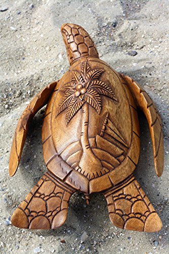 G6 Collection 12" Long Wooden Hand Carved Turtle Tortoise Statue Figurine Sculpture Handcrafted Handmade Decorative Home Decor Accent Rustic Seaside Tropical Nautical Ocean Coastal Decoration #TOP1