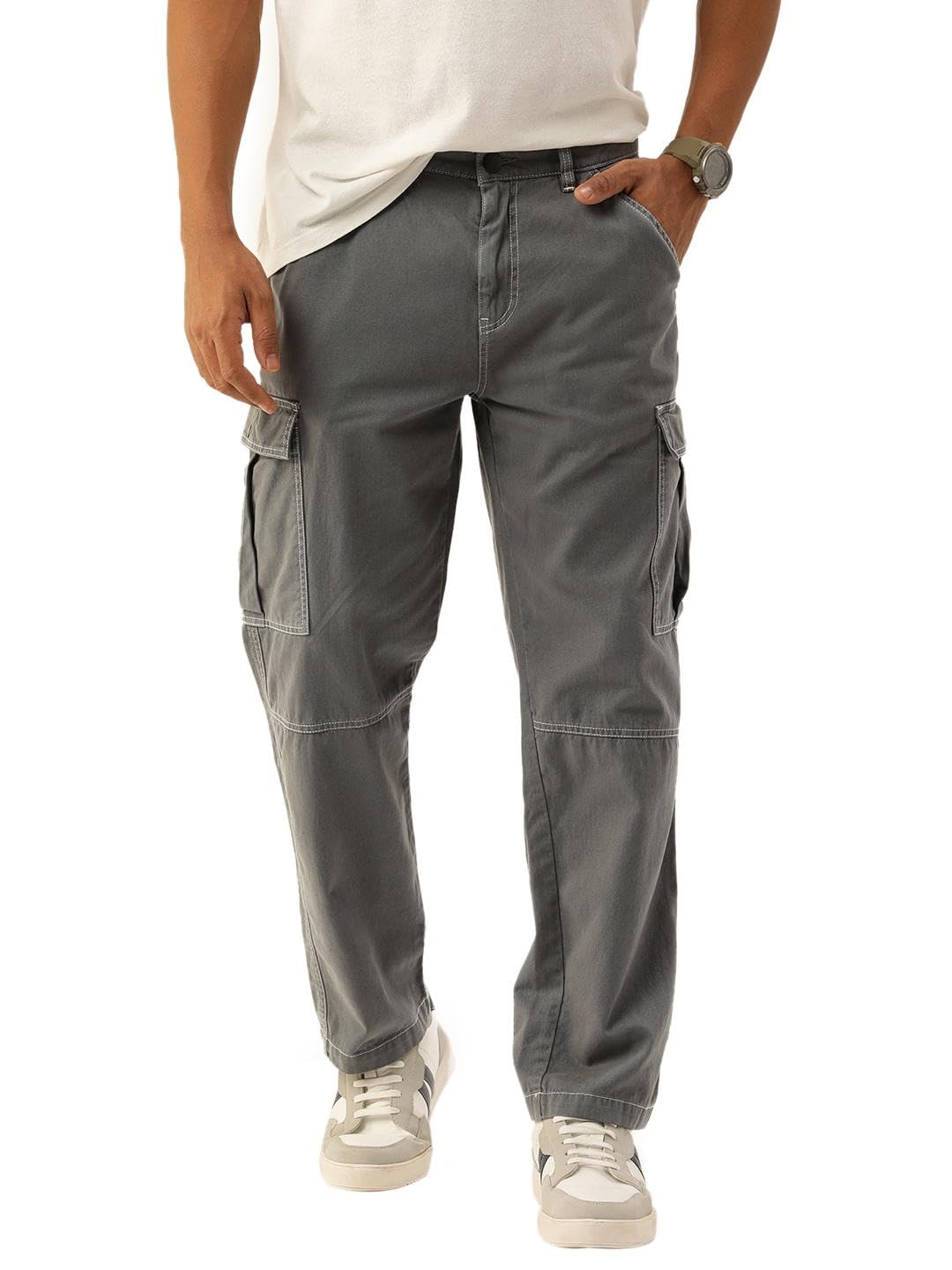 bene kleed Men Solid Relaxed Fit Contrast Threads Cargo Trousers-picture-16
