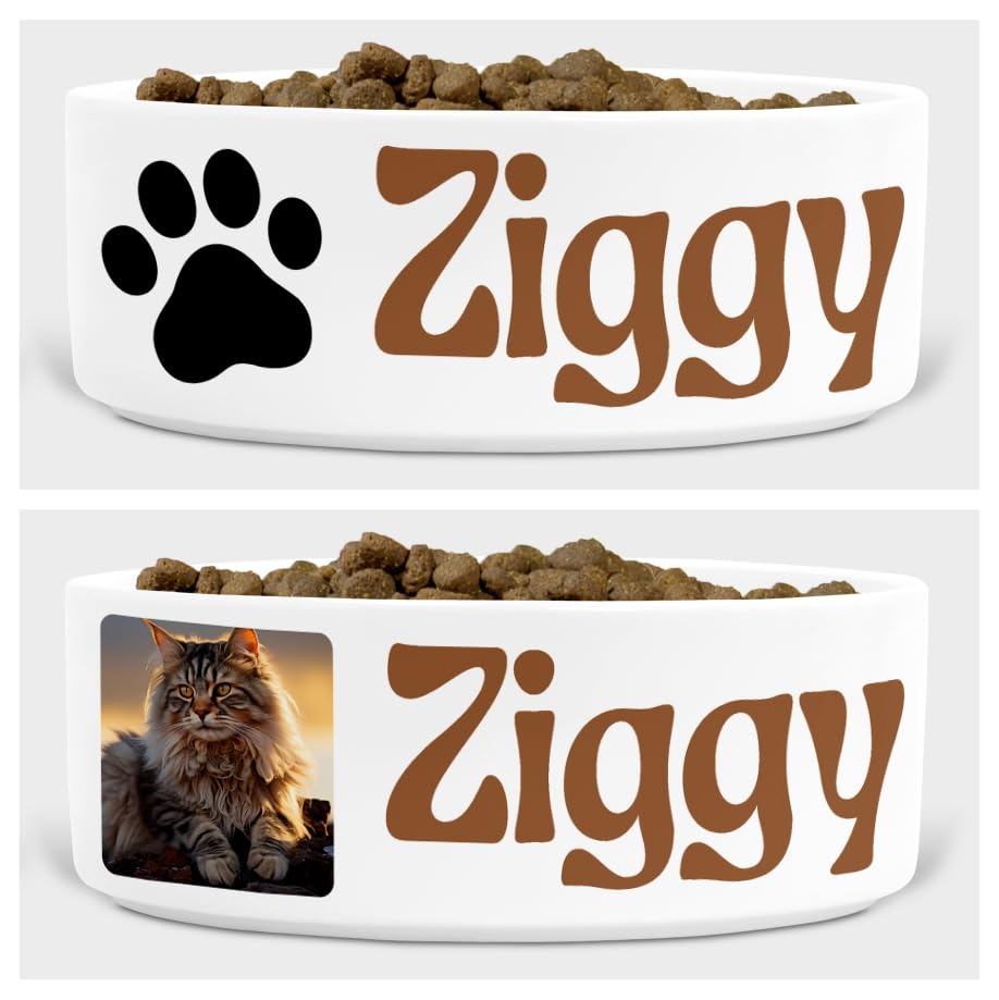 Personalised Cat Bowl – Custom Pet Name, Photo & Colour Options – Ceramic Food/Water Dish – Multiple Fonts & Layouts