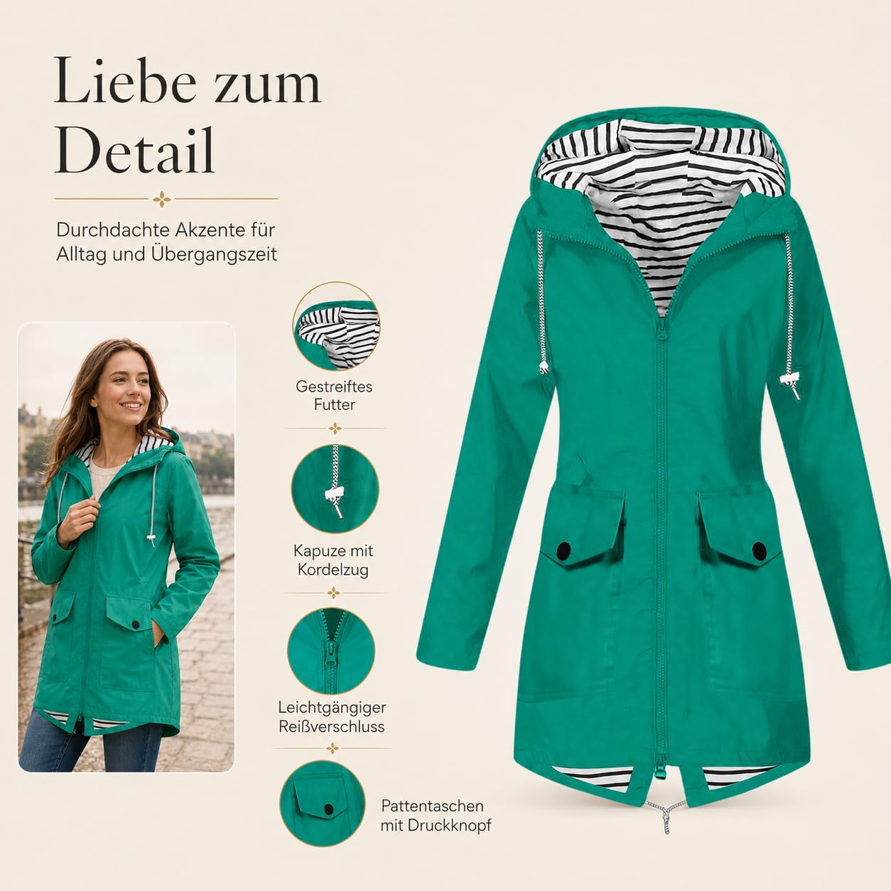 Regenjacke Damen - Wasserdicht Kapuzenjacke Frauen Leichte Jacke mit Kapuze Taschen Outdoorjacke Windbreaker Übergangsmantel Funktionsjacke Übergangsjacke für Alltag Reisen Wandern Trekking