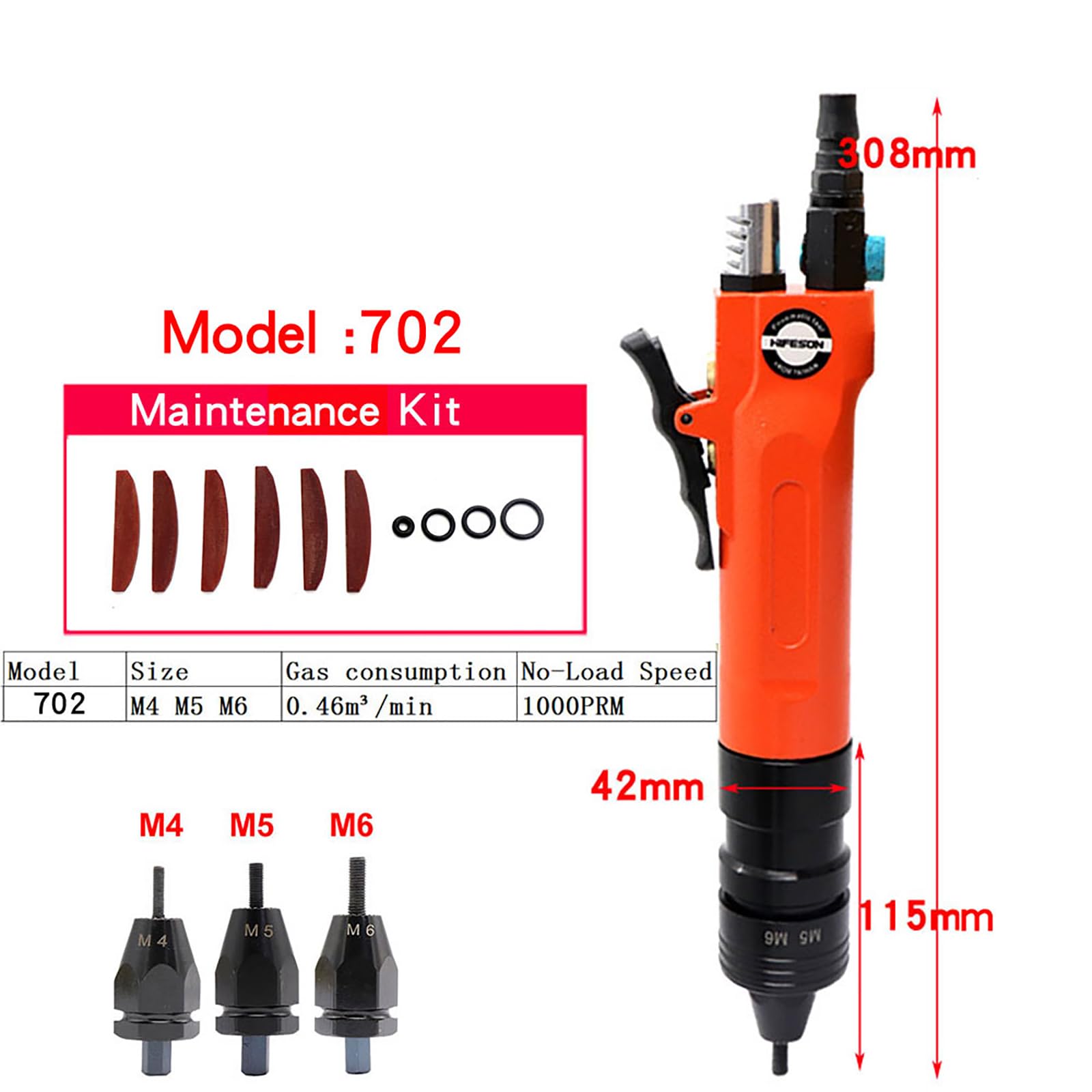 Utensile per rivettatrice pneumatica per M3 M4 M5 M6 M8 M10 - Rivettatrice efficiente e Potente con Testa Allungata, HF-702,HF-702