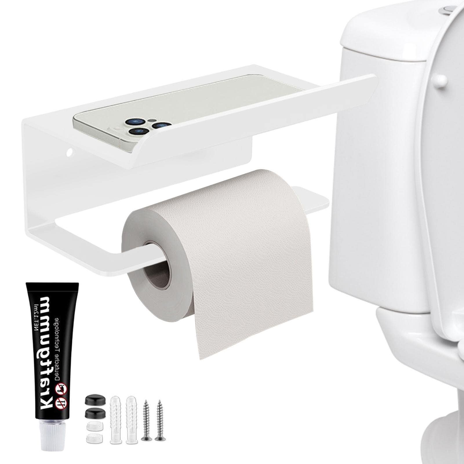 Fassme White Toilet Paper Shelf - Paper Roll Holder With Shelf - Adhesive Wall Mounted Toilet Paper Roll Storage Dispenser, Carbon Steel Bathroom Tissue Roll Holder