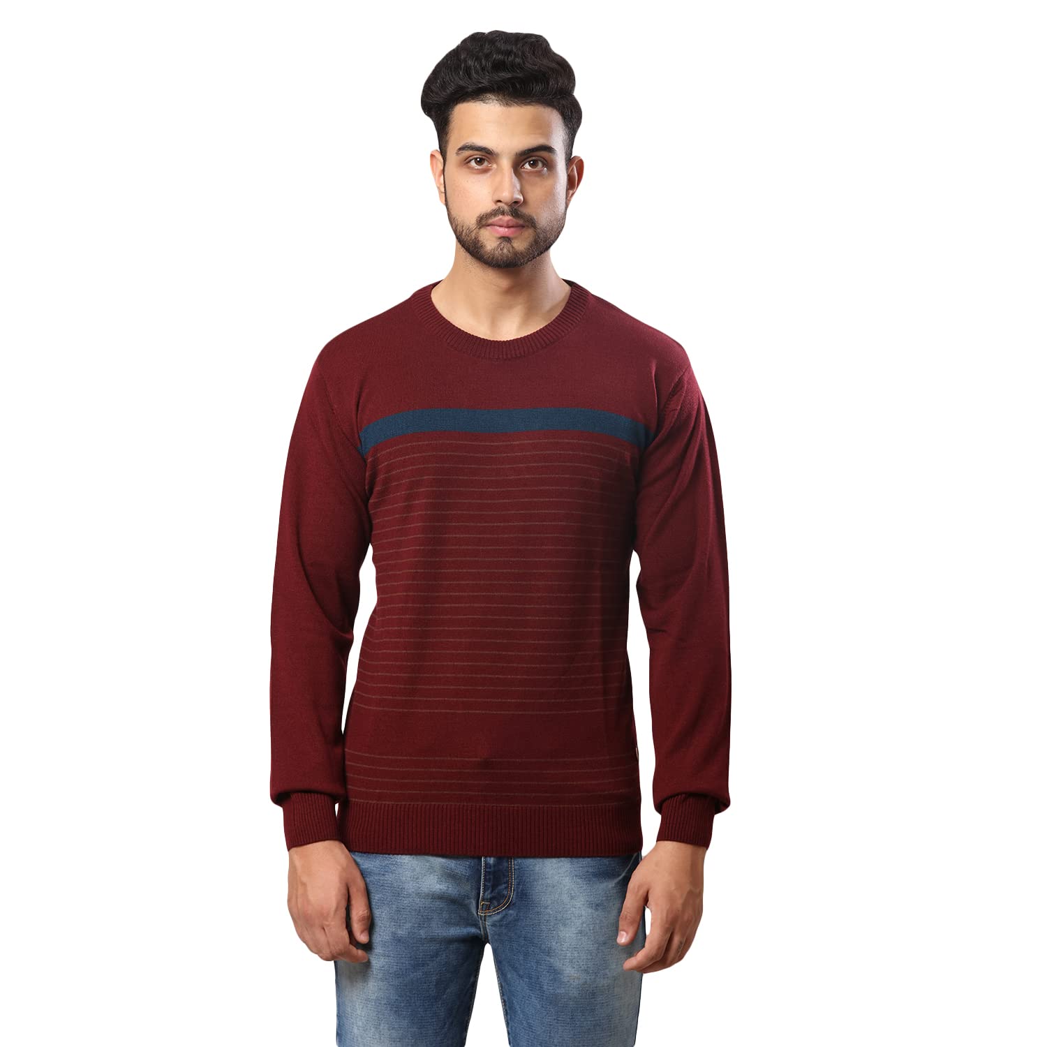 Men's Regular Fit Acrylic Wool Blend Round Neck Stripe Pattern Full Sleeve Dark Maroon Sweater-image-46
