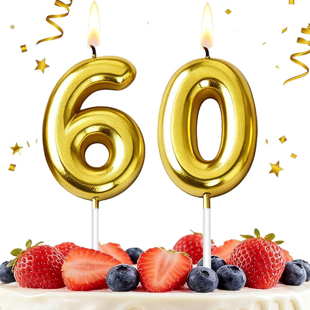 Hlwgfjdy Gold 60Th Birthday Candles Number 60 Cake Topper Happy Birthday Cake Decorations For 60Th Birthday Party, Candles For Birthday Anniversary Celebration Party Supplies