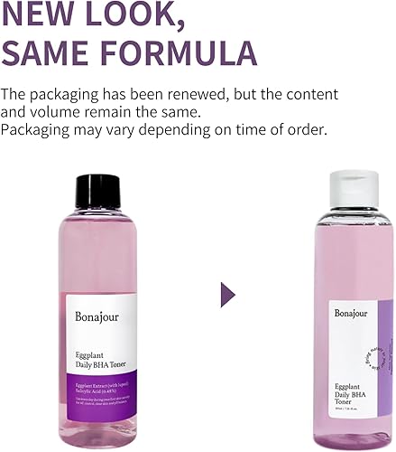 BONAJOUR Tónico exfoliante diario de berenjena vegana BHA, exfoliante suave con ácido salicílico y para tratamiento de piel propensa al acné, 7.2