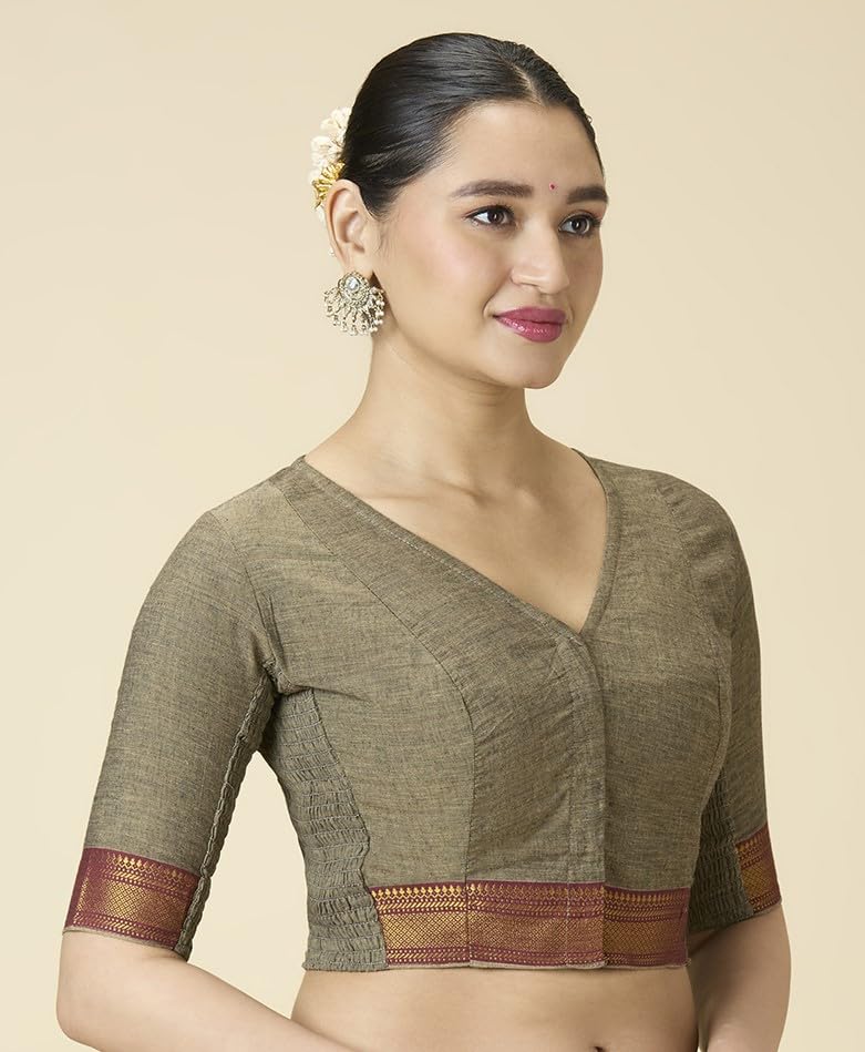 Image of Studio Shringaar Women's Handloom Cotton Stretchable (Smocked) Saree Blouse with Temple Zari Border
