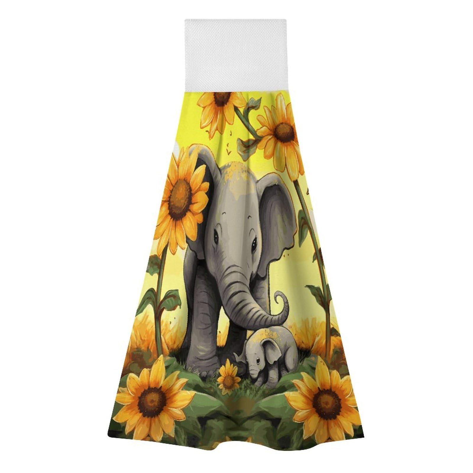BTCOWZRV Elephant and Sunflowers Hanging Kitchen Towels with Loop, 2 PCS Luxury Hand Towels for Bathroom, Soft Microfiber Absorbent Face Towels Quick Dry Cleaning Cloths for Kitchen Dish Towels