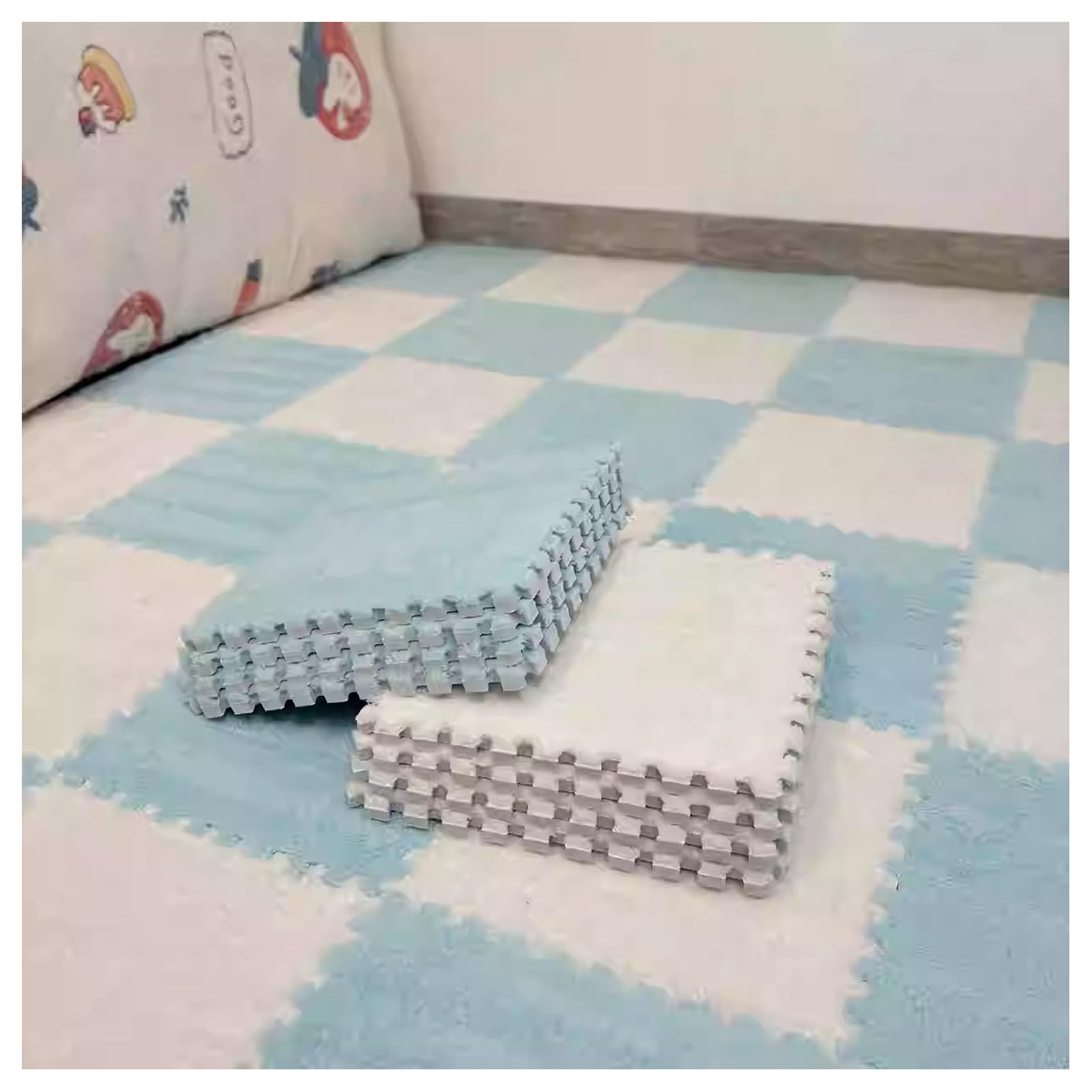 Generico Tappetino Puzzle in Schiuma ad Incastro, 12x12x0,4 Pollici, tappeti da Gioco Morbidi, 16 Piastrelle per Pavimenti Azzurre e Bianche per attività domestiche e Scolastiche dei Bambini
