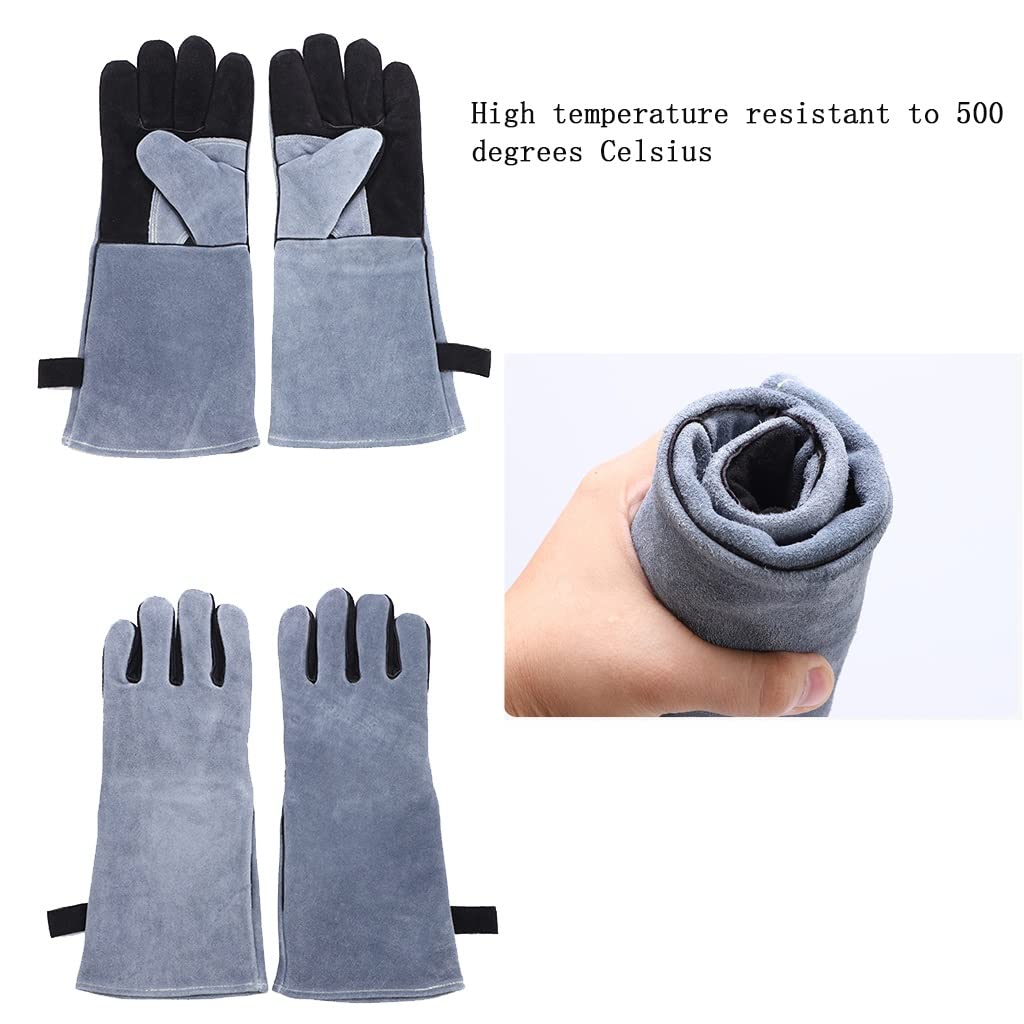 Schweißerhandschuh aus Rindsleder Hitzebeständig Dauerhaft Widerstandsfähiges Leder Handschuhe Schmieden Langarm für BBQ-Küchenofen,Camping, Grillofen Kochen (Color : Black)