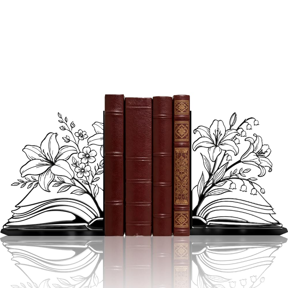 PRESSINART 1 Pair 2 Styles Floral Book Ends for Shelves Decorative Metal