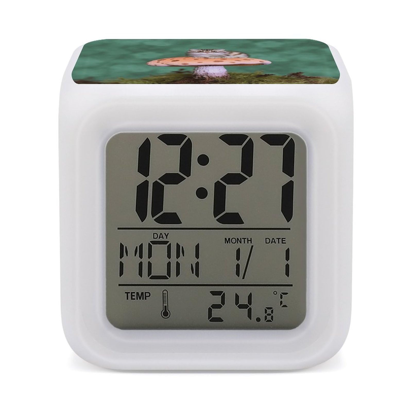 FekiLoot Cat on Mushroom Alarm Clock for Heavy Sleepers Wake Up Digital Clock with 7 Color Changing Night Light Super Loud Digital Alarm Clocks Small Machine Alarm Clocks