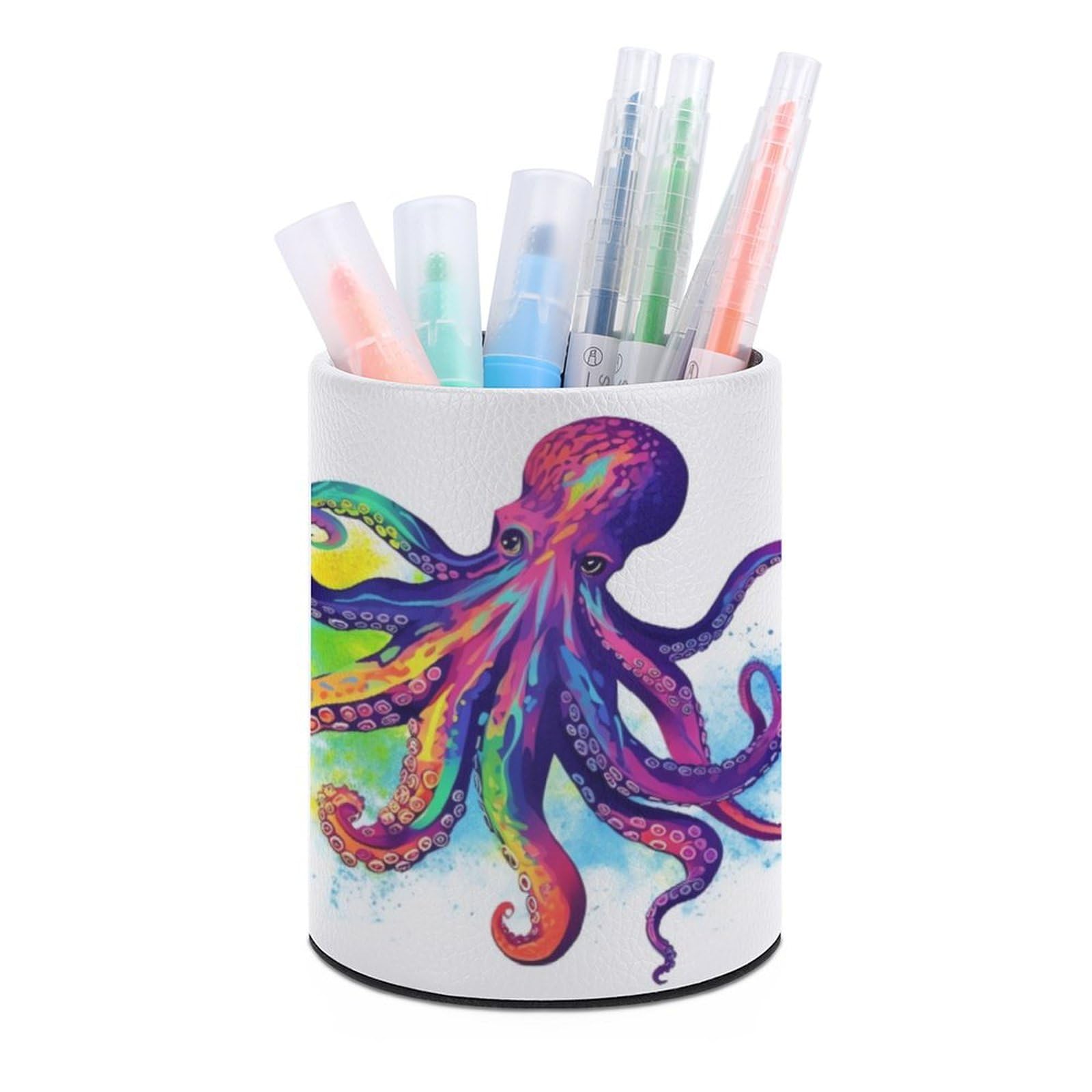 JTREHY Round Pen Holder,Colorful Octopus Printed Makeup Brush Storage Box Desktop Stationery Storage Cup Office Accessories Storage Box Pencil Storage Box for Home Office Dressing Table