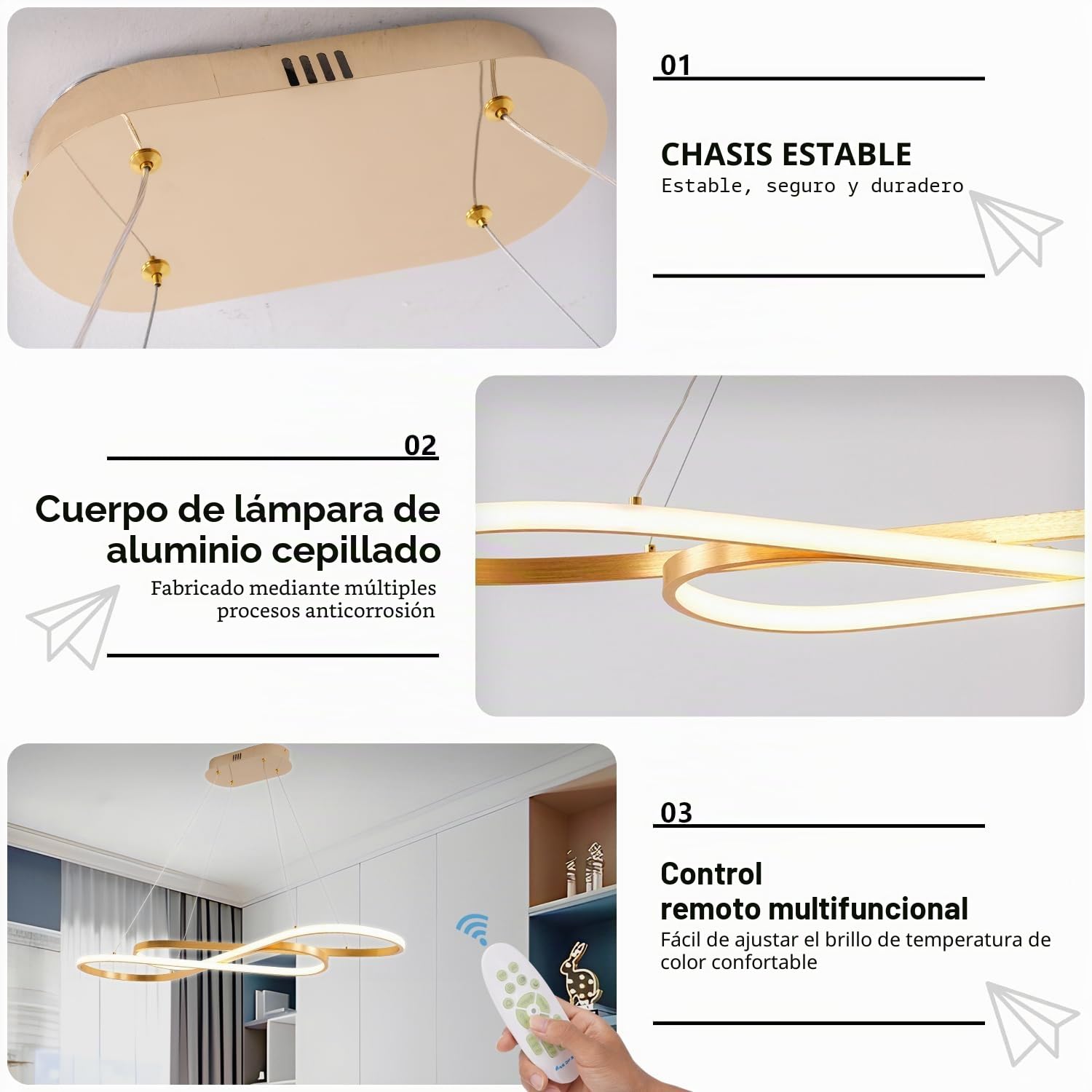 Lámpara de Araña LED Dorada para Iluminación de Isla de Cocina, Lámpara Colgante LED Moderna de 100 Centímetros, Altura Ajustable, Lámpara de Comedor de Oro Cepillado Sobre Mesa