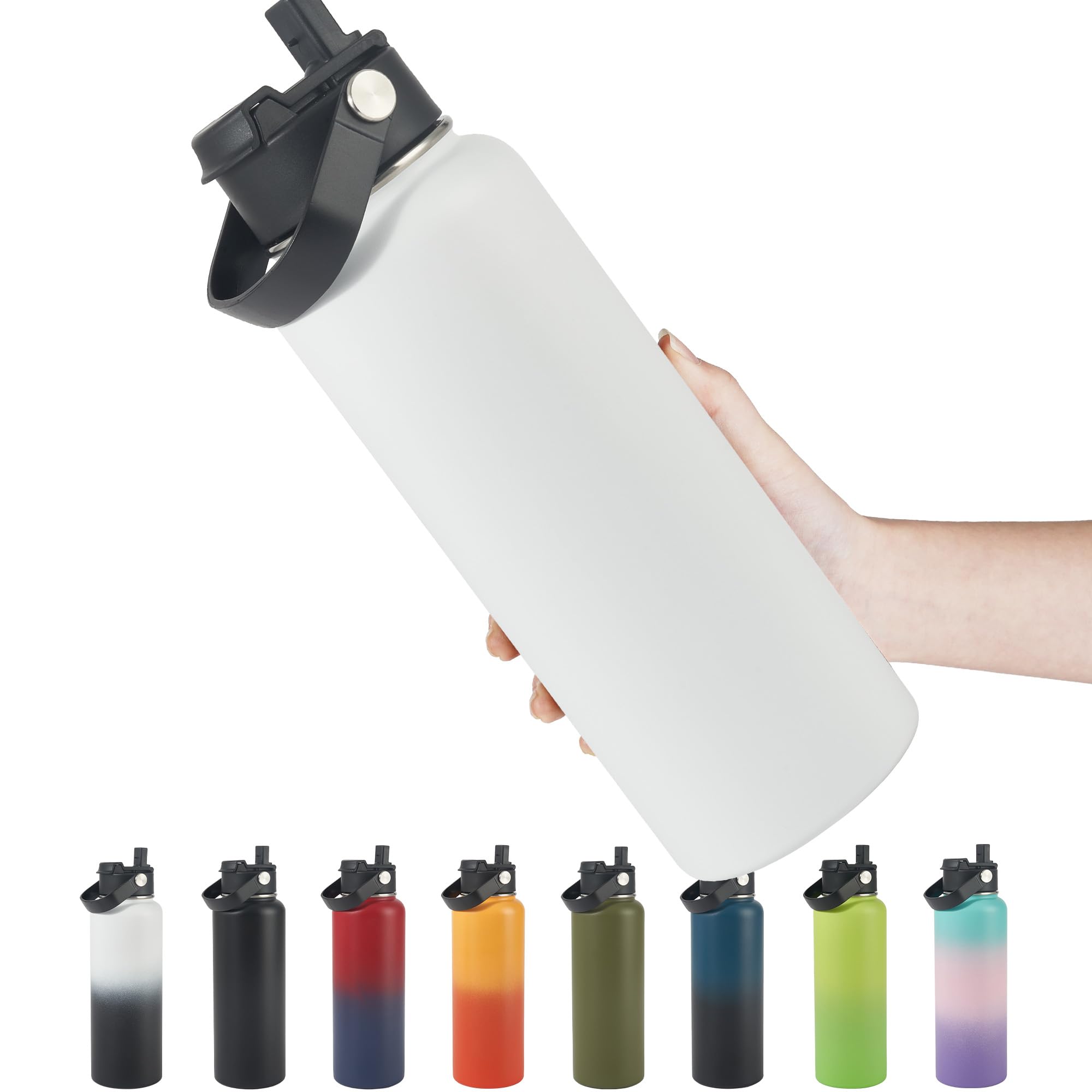 Stainless Steel Insulated Water Bottle, 40oz Double Wall Vacuum Insulated Water Bottle Leak Proof with Silicone Straw, Wide Mouth Lid, BPA Free, Keep Cold and Hot, 40oz, White