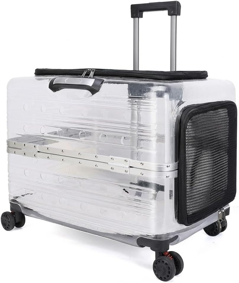 Large Capacity Transparent Pet Carrier with Wheels, Airline Approved Rolling Pet Travel Crate for Dogs & Cats, Portable Hard Shell Pet Luggage (Black)