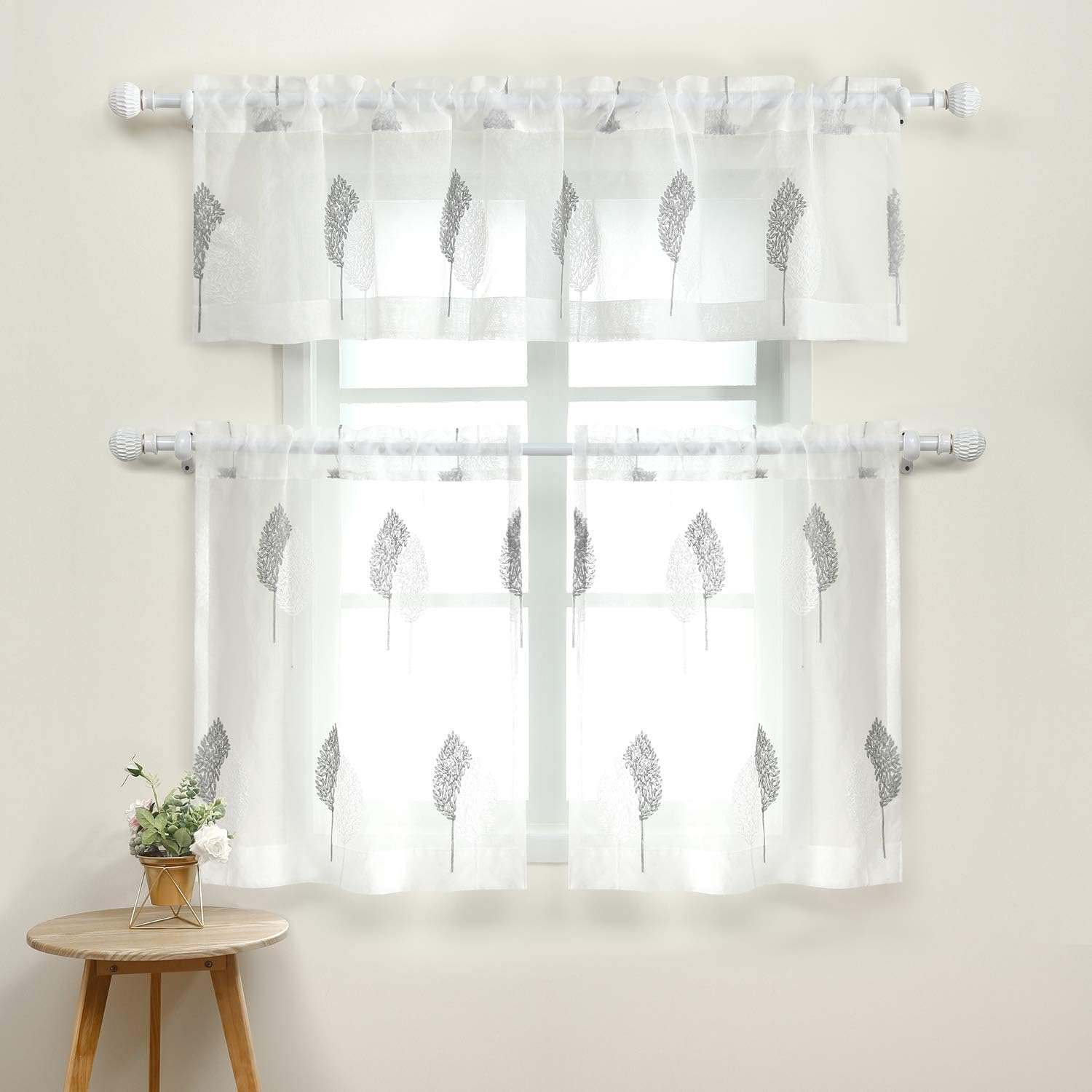 VOGOL Leaves Embroidered Valance Tier Curtains Set, 52 x 18 & 30 x 36 Inches, Suits for Living Dining Room, Bundle with 2 Panels 54 x 84 Inches Matching Sheer Curtains, Rod Pocket, White