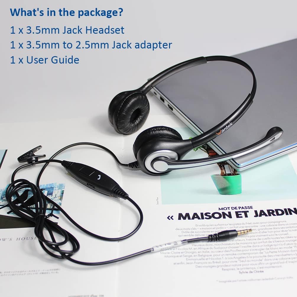 Wantek Casque de téléphone Portable avec Micro antibruit et Commandes d'appel, Casque d'ordinateur 3,5 mm pour iPhone, PC, Entreprise, Skype, Softphone, Centre d'appel, Bureau