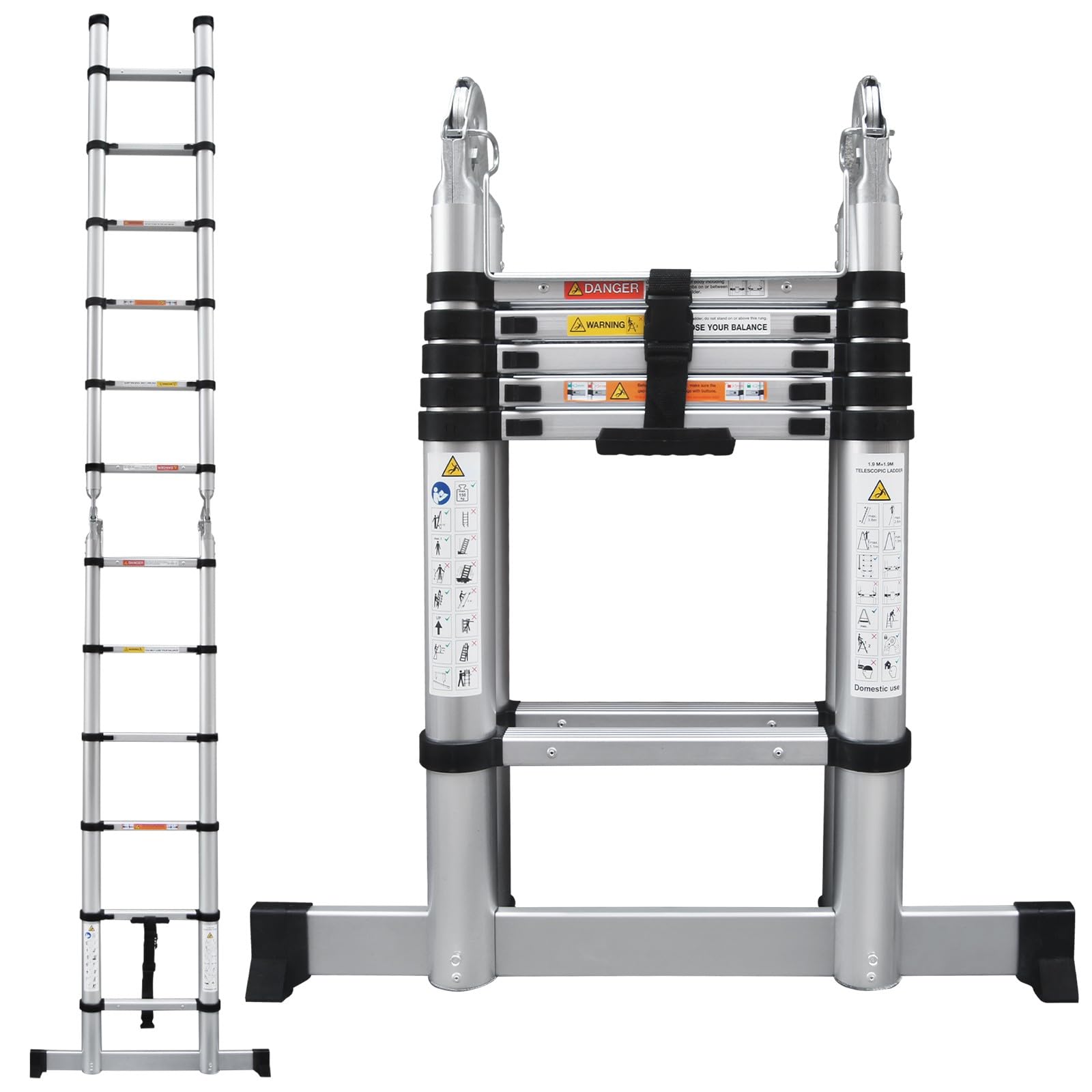 Aluminium Telescopic Folding Loft Ladder, 3.8M Multi Purpose A Frame with Stabiliser, 6+6 Steps Foldable Extension Ladder for Attic, Roof, Home