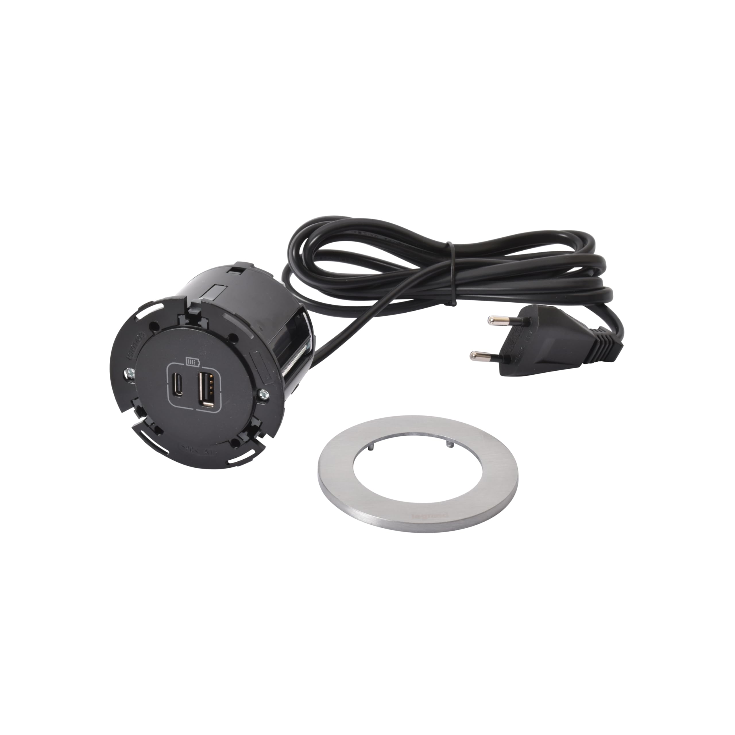 LEGRAND, Incara Disq 60, gniazdo ładowania USB A+C, gniazdko stołowe, gniazdo do zabudowy, ładowarka wielokrotna, 15 W, długość kabla 2 m, wtyczka 2P + E, kolor: czarny/metal, 654732
