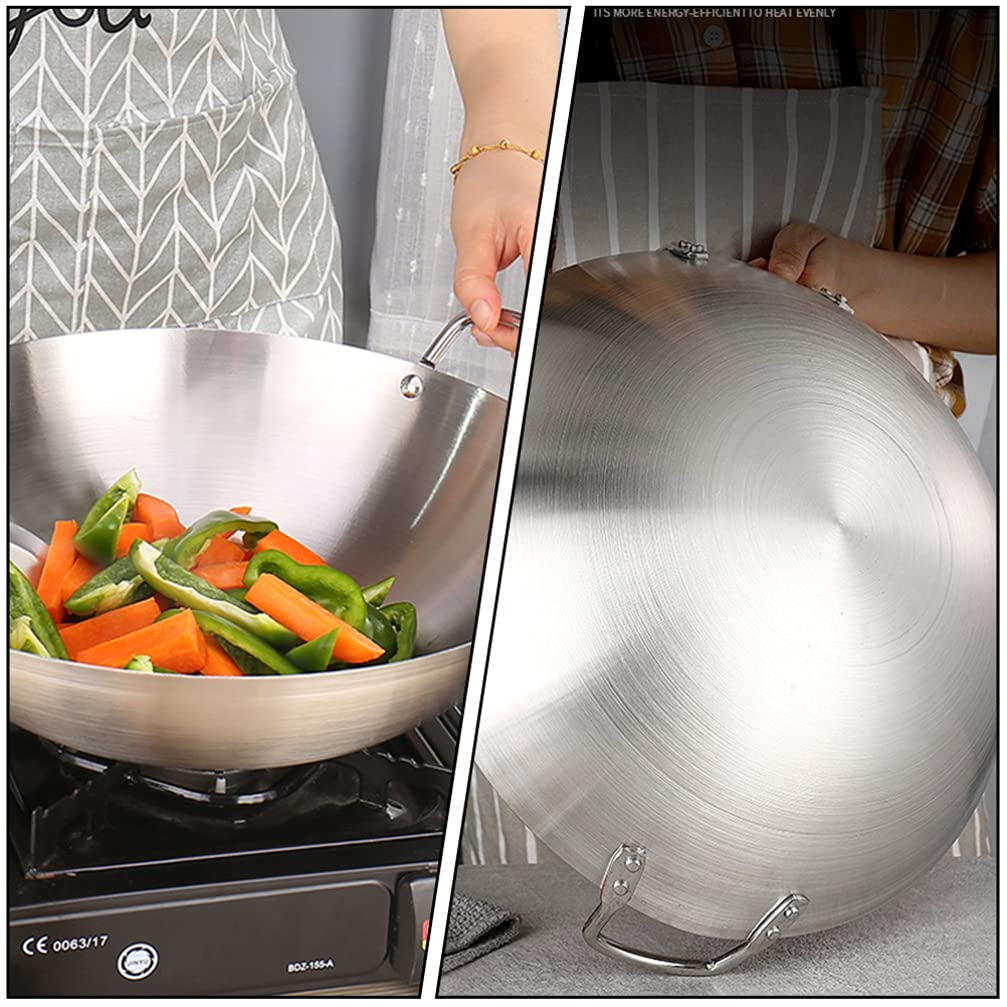 Kichvoe 32,5 x 9,5 cm Wokpfanne aus Edelstahl, für Wok, Grillen, Wok, Grillpfanne, Bratpfanne, runder Boden, chinesischer Wok mit Doppelgriff