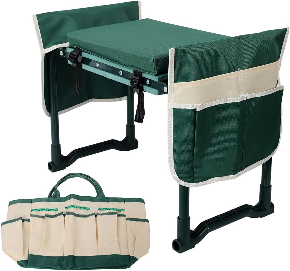 Garden Kneeler and Seat, Heavy Duty Foldable Metal Garden Bench with 10" Wide Seat, 330 lbs Capacity, No-Assembly Design, Removable Tool Bag Set, Portable Gardening Stool – Green