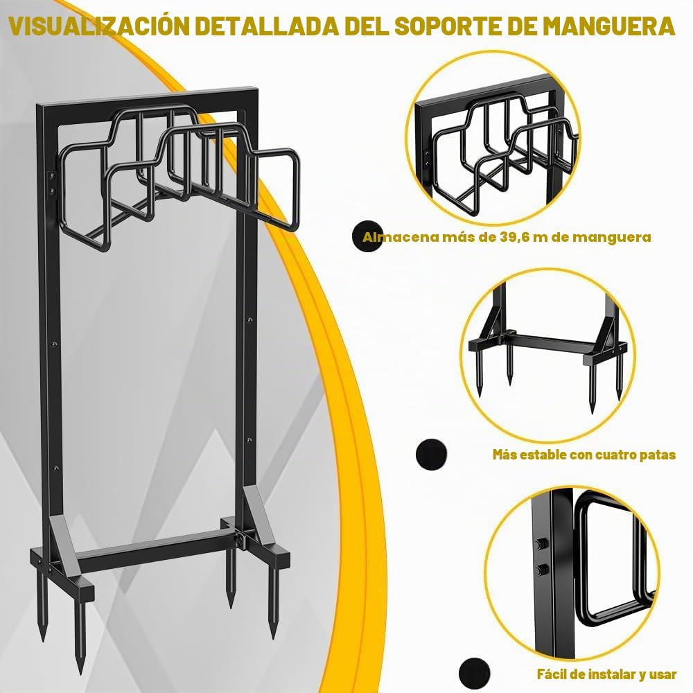 Bomclap Soporte para manguera de jardín de 117 cm, soporte para manguera de jardín independiente, organizador de almacenamiento de metal extraíble, soporte para tubos de jardín resistente con cesta de