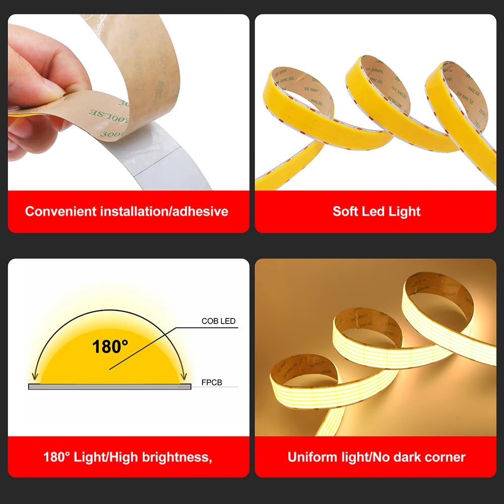 Taśma LED COB biała 6000 K 1600 LED/m, 5 rzędów elastycznych diod LED, 4300 lumenów/m, szerokość 30 mm, płytka drukowana DC24 V, samoprzylepna, do przemysłowych, komercyjnych taśm LED (biała