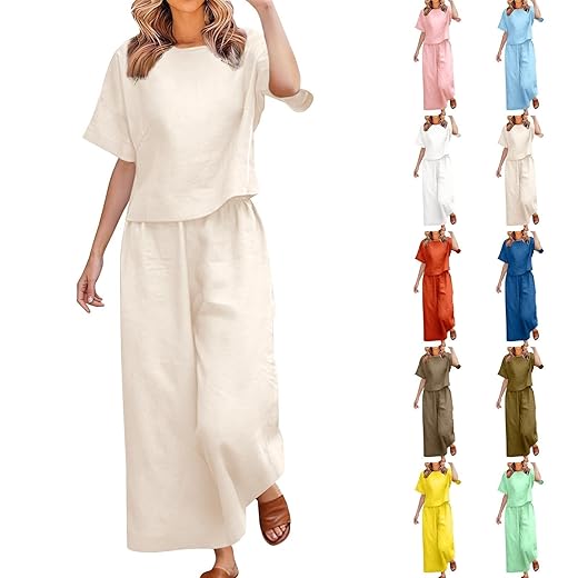 Linen Sets for Women 2 Piece 2026 Summer Casual Lounge Sets Short Sleeve Shirts and Wide Leg Pants Beach Outfits