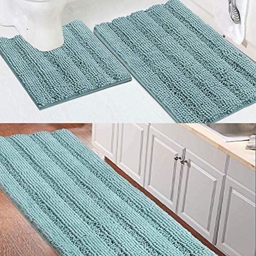 Turquoize Chenille Bath Rug Bundle Order Bath Runner 59" X 20" and Bath Toilet Rug Set 32" x 20"/20" x 20" Duck Eggshell Blue