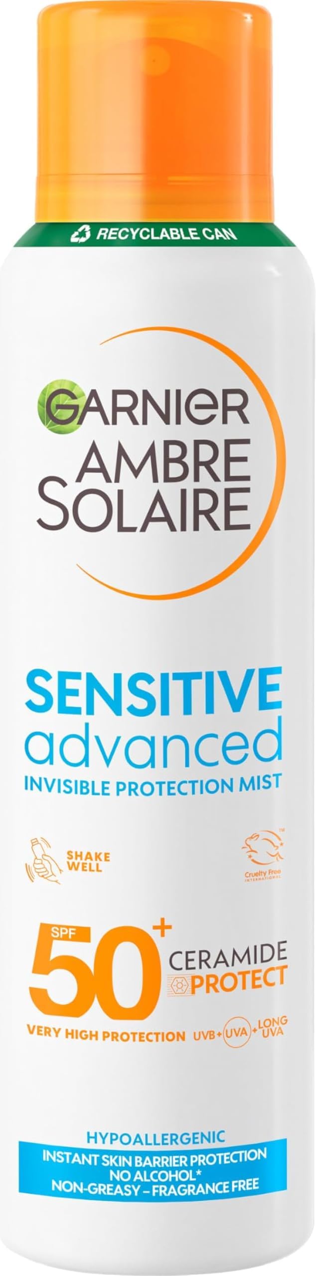 Garnier Ambre Solaire SPF 50+ Sensitive Advanced Dry Mist Spray, 150ml | Water Resistant and Non Greasy Sunscreen, Fragrance Free, Advanced UVA and UVB Protection, High SPF