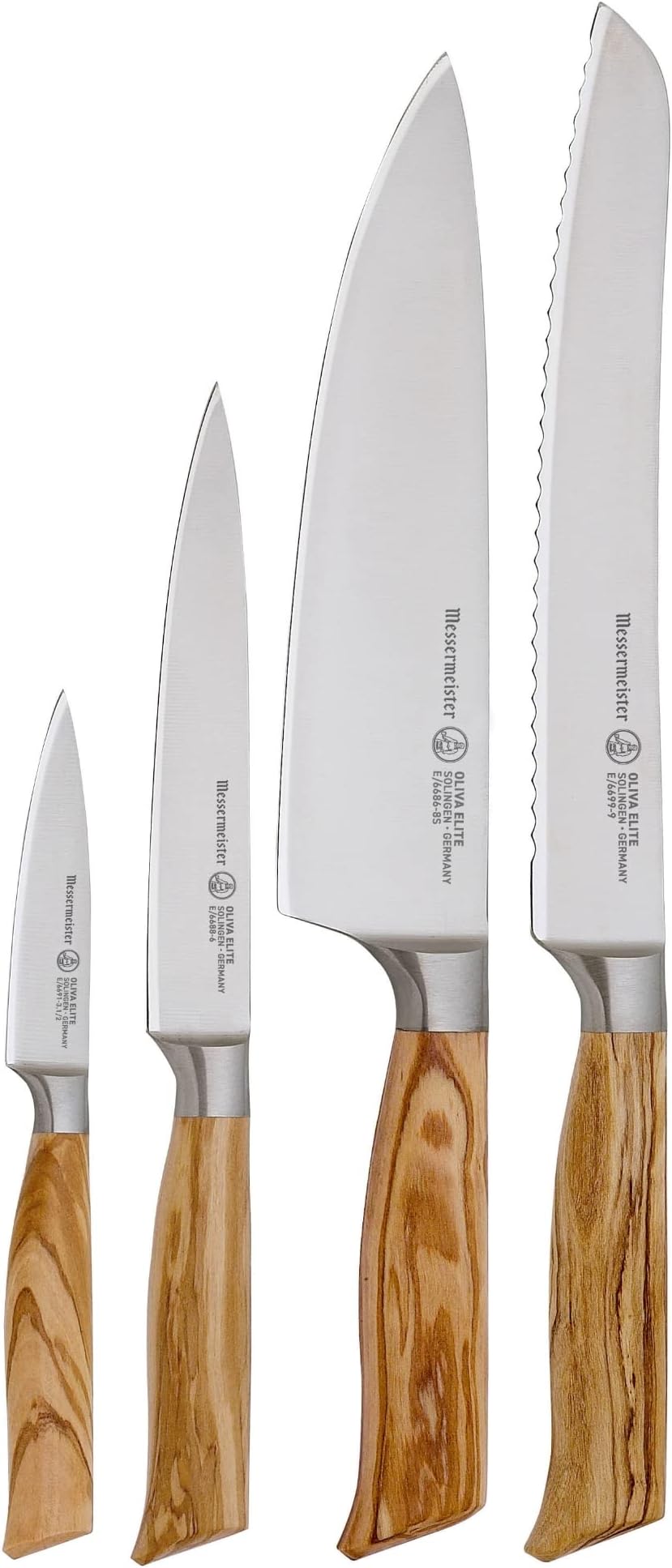 Messermeister Oliva Elite Gourmet Knife Set - Includes 8" Stealth Chef's Knife, 9" Bread Knife, 6" Utility Knife & 3.5" Paring Knife - Rust Resistant & Easy to Maintain