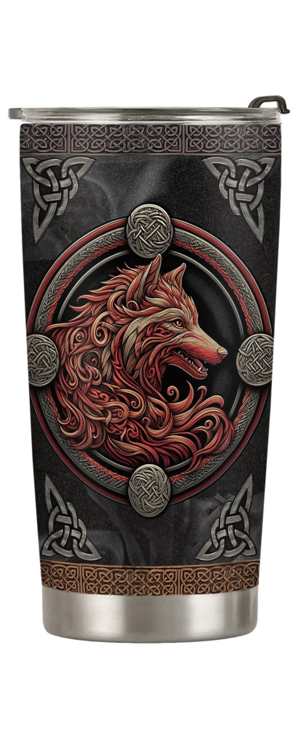 20oz Viking Celtic Wolf Coffee Tumbler Viking Gifts for Men Norse Mythology Gifts Flame Celtic Wolf Tumbler Cup