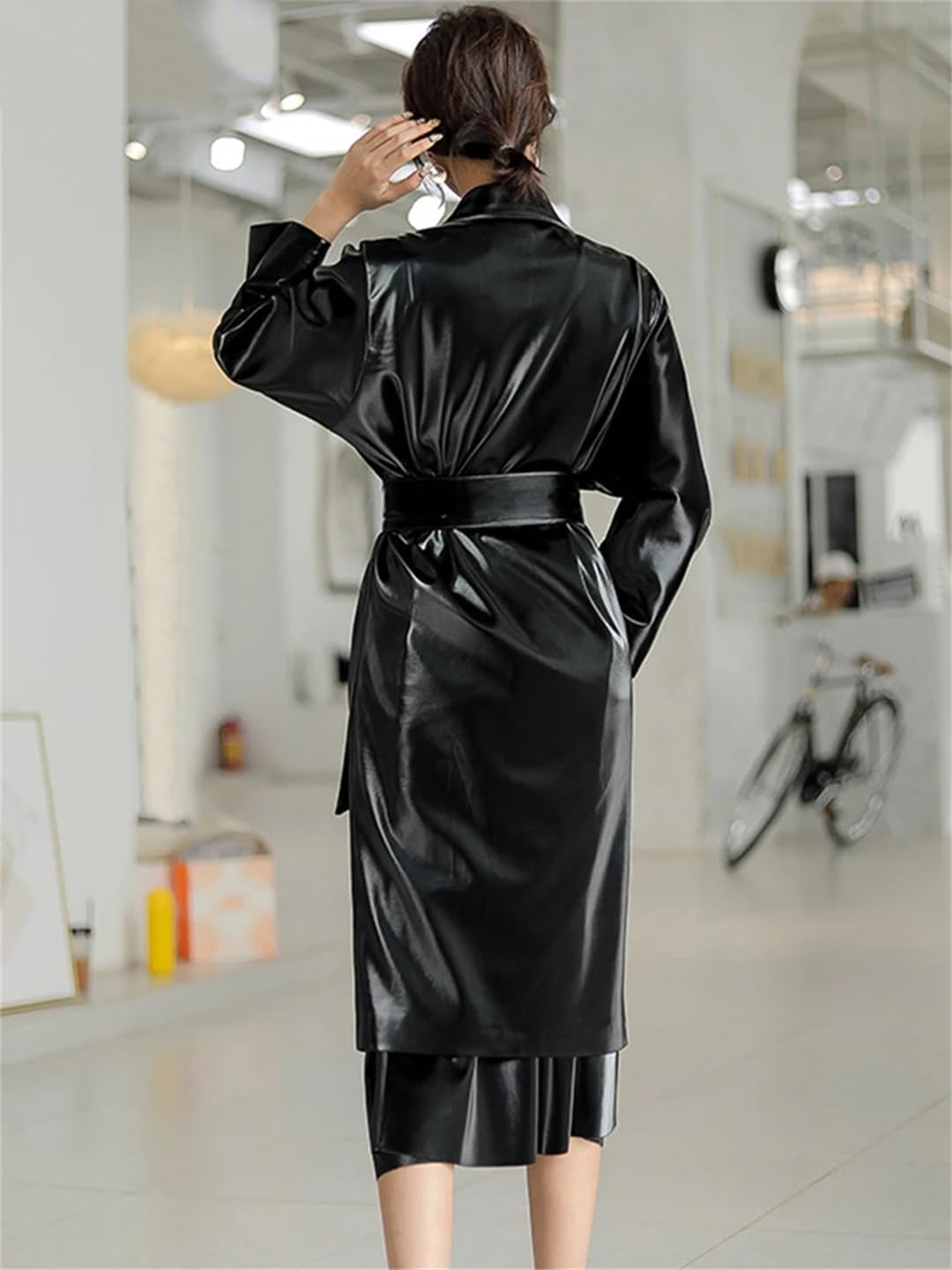 Women Autumn Long Waterproof Oversized Shiny Patent Leather Trench Coat Belt Runway Raincoat
