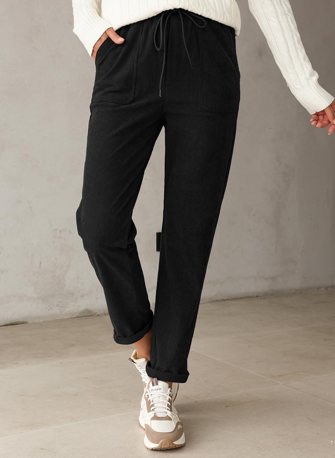 EVALESS Corduroy Pants for Women Casual Drawstring Elastic High Waist Straight Leg Pants Loose Comfy Trousers with Pockets - Image 6