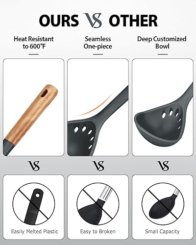 Miniatura 5 de Juego de tenedor y cucharón de silicona para pasta, mango de madera antiadherente grande, utensilios de cocina para cocinar, revolver, servir