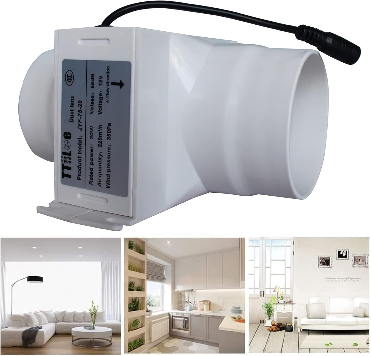 3” 20W Inline Duct Fan with Speed Controller 130CFM Wardrobe HVAC Exhaust Intake Fans 12V 75mm Air Ventilation Fan for Bathroom Tent Basement